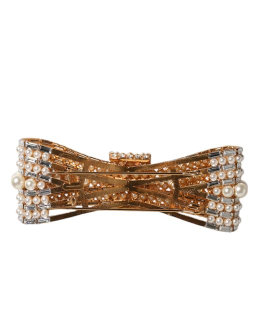 Dolce & Gabbana Metallic Tone Brass Bow Crystal Fauxpearl Embellished Brooch