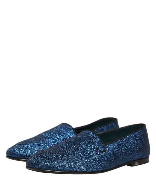 Dolce & Gabbana Blue Glitter Lurex Dg Logo Dress Loafers Shoes for men