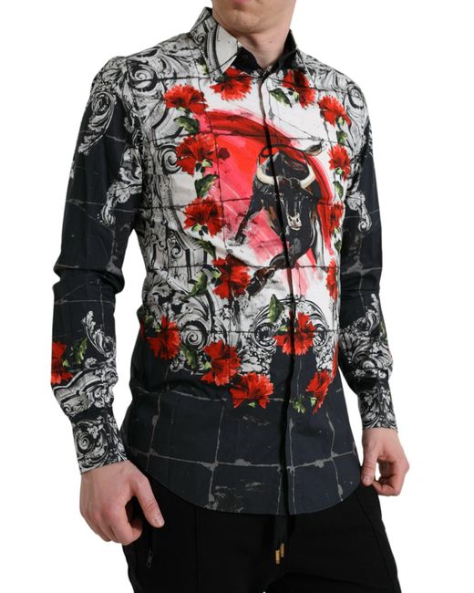 Dolce & Gabbana Red Slim Fit Floral Bull Cotton Dress Shirt for men