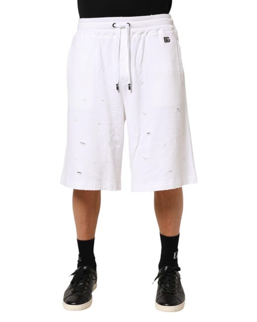 Dolce & Gabbana White Distressed Drawstring Shorts for men