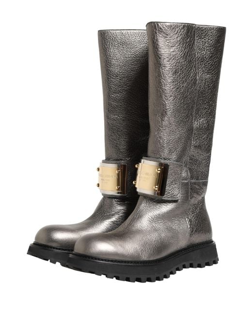 Dolce & Gabbana Gray Metallic Silver Leather Mid Calf Boots Shoes for men