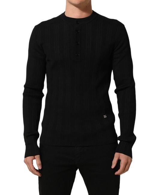 Dolce & Gabbana Black Silk Blend Henley Pullover Men Sweater for men
