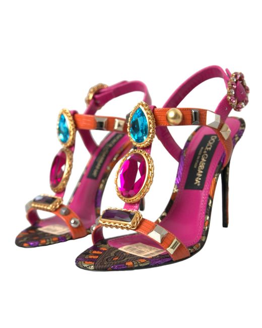 Dolce & Gabbana Pink Jacquard Crystals Sandals Heels Shoes