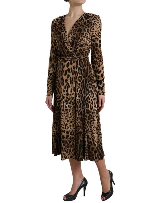 Dolce & Gabbana Natural Brown Leopard Print Wrap Effect Midi Dress