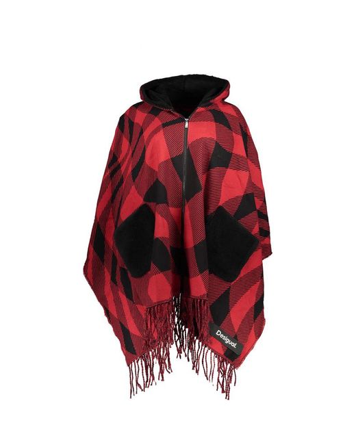 Desigual Red Chic Pink Hooded Poncho With Contrast Details