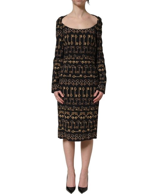 Dolce & Gabbana Black Key Print Long Sleeves Sheath Midi Dress