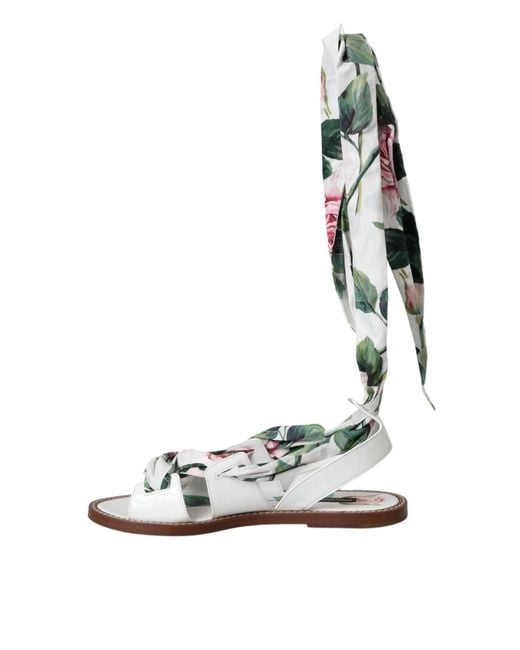 Dolce & Gabbana White Floral Print Ankle Wrap Sandals Shoes