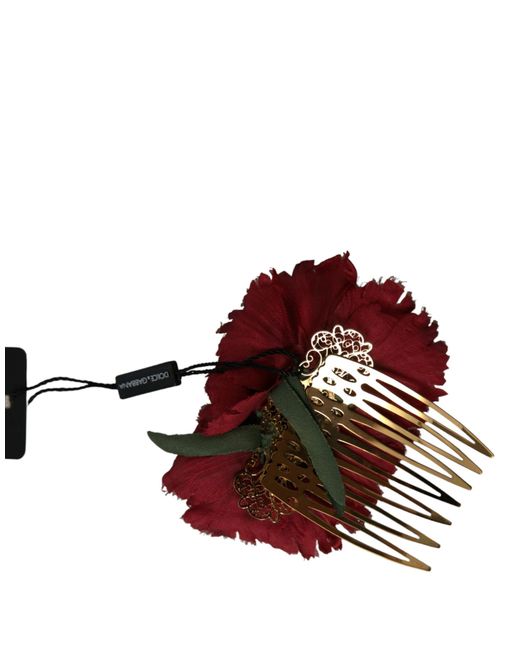Dolce & Gabbana Red Silk Floral Brass Hair Comb