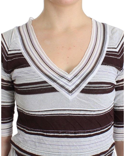 Ermanno Scervino Black Striped V-Neck Knit Top With Lace Hem