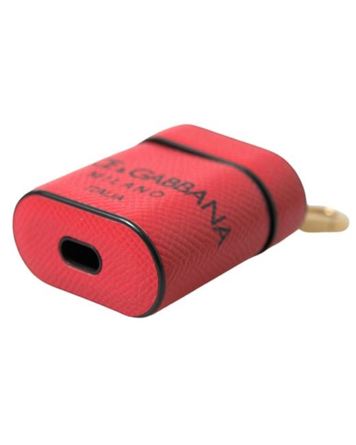 Dolce & Gabbana Red Black Calf Leather Logo Print Strap Airpods Case