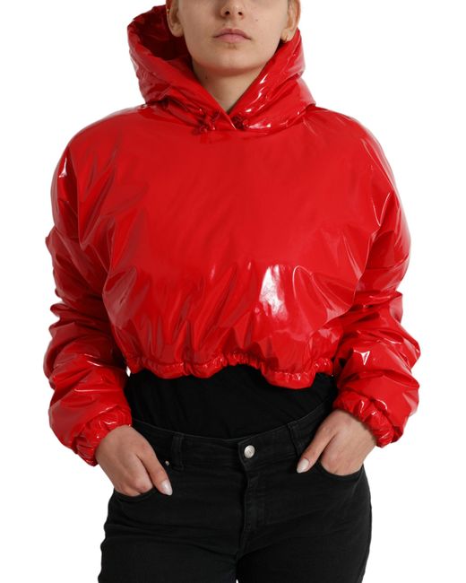 Dolce & Gabbana Red Shiny Hooded Cropped Short Coat Jacket