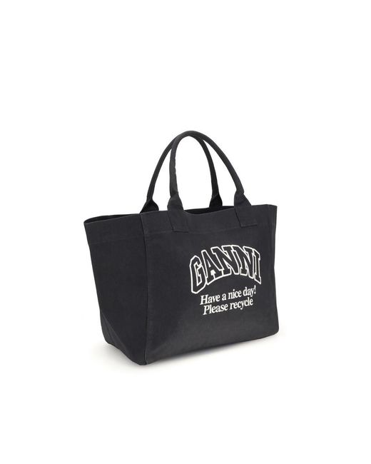 Ganni Black Shopper Xxl Contrasted Logo Pocket