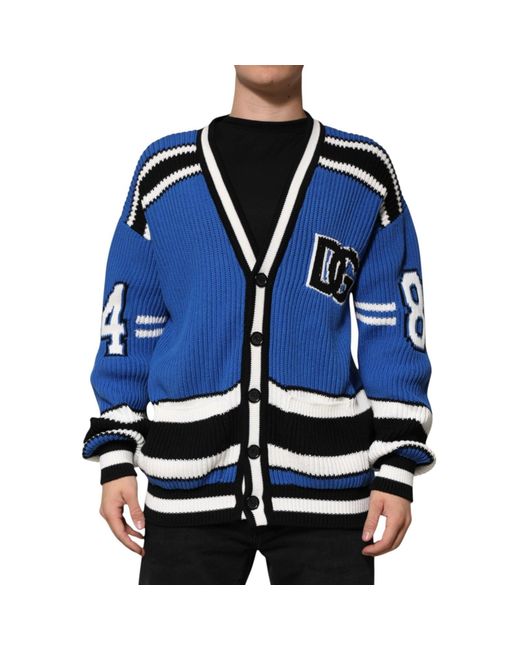 Dolce & Gabbana Black Blue Cotton Logo Patch Ribbed Knit Cardigan Sweater for men