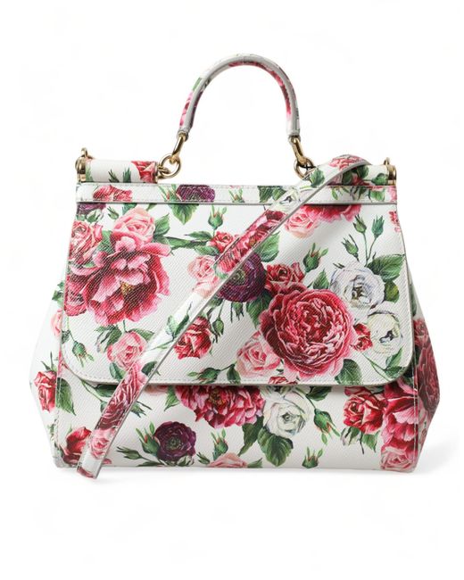 Dolce & Gabbana Red White Floral Leather Top Handle Shoulder Satchel Sicily Bag