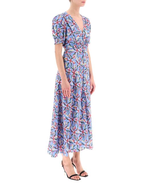 Saloni Blue 'lea' Long Dress In Printed Silk