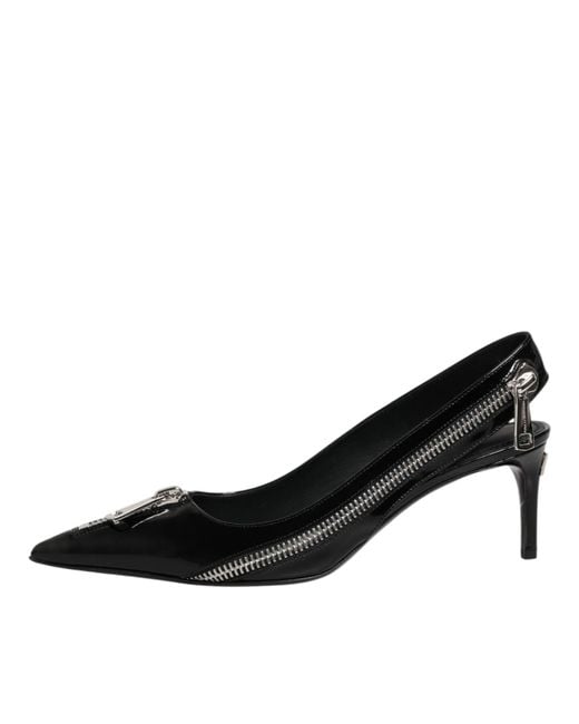 Dolce & Gabbana Black Zipper Leather Heels Slingbacks Shoes