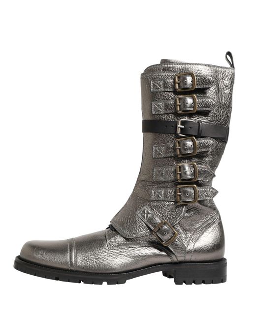 Dolce & Gabbana Black Metallic Silver Combat Biker Mid Calf Boots Shoes for men