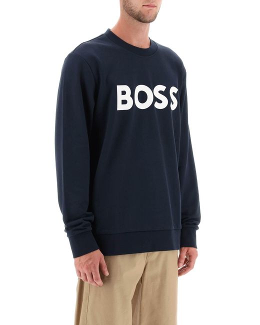 Boss Blue Crew Neck Sweatshirt With Logo Print for men