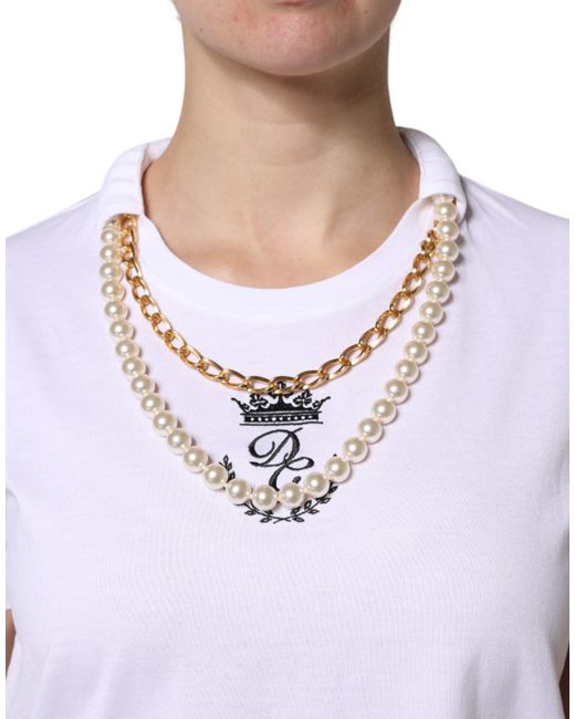 Dolce & Gabbana White Chain Pearl Cotton Round Neck T for men