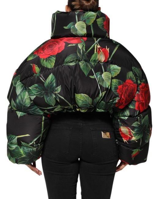 Dolce & Gabbana Black Multicolor Floral Puffer Coat Full Zip Jacket