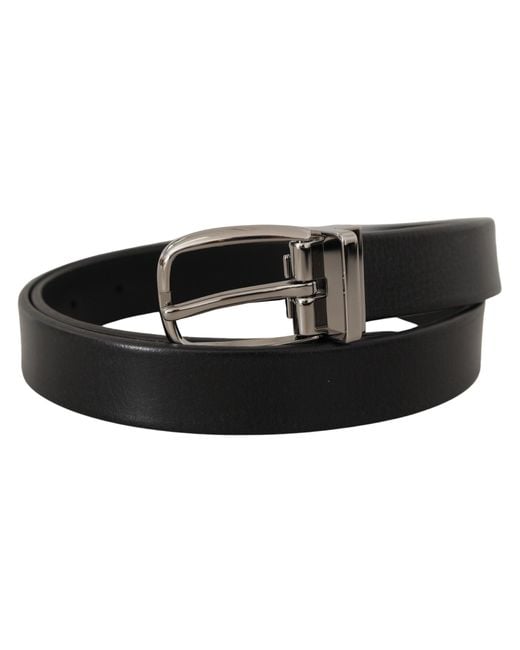 Dolce & Gabbana Black Leather Chrome Metal Logo Buckle Belt for men