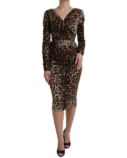 Dolce & Gabbana Black Leopard Print Bodycon V-Neck Midi Dress