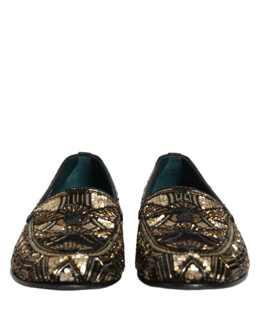 Dolce & Gabbana Black Gold Embellished Slip On Loafers Shoes for men