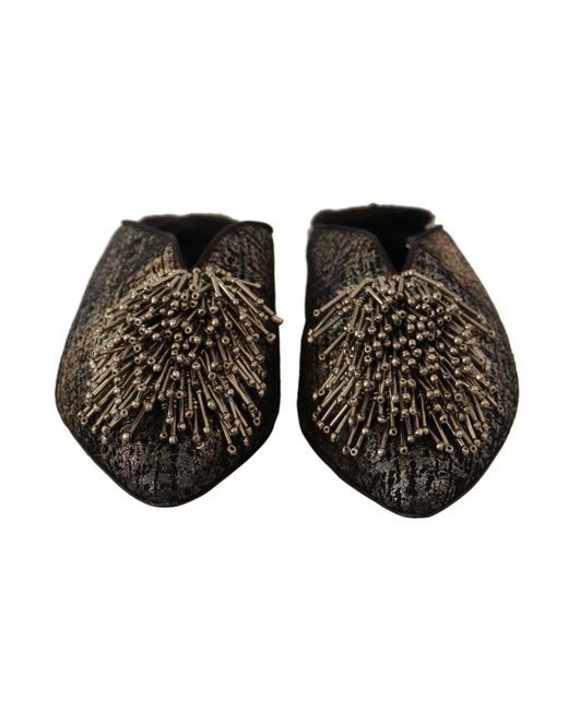 Paola D'arcano Black Gold Jacquard Leather Embellished Slip On Shoes