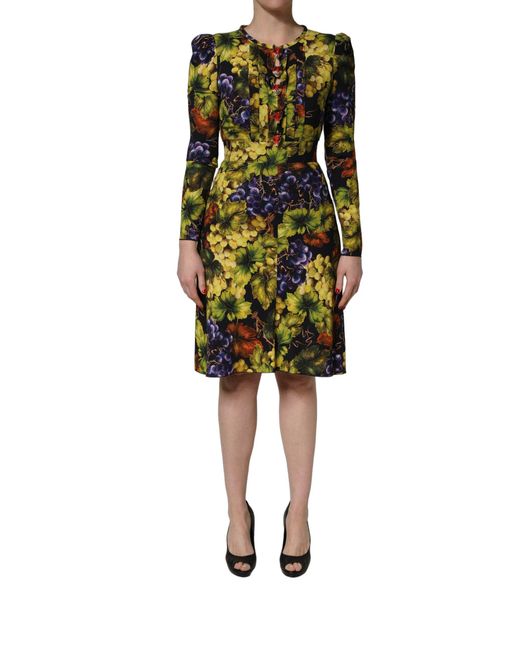 Dolce & Gabbana Green Multicolor Grape Print Longsleeve Midi Dress