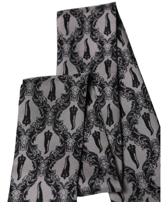 Dolce & Gabbana Black Baroque Silk Fringed Skinny Foulard Scarf for men