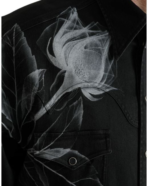 Dolce & Gabbana Black Floral Cotton Collared Dress Shirt for men