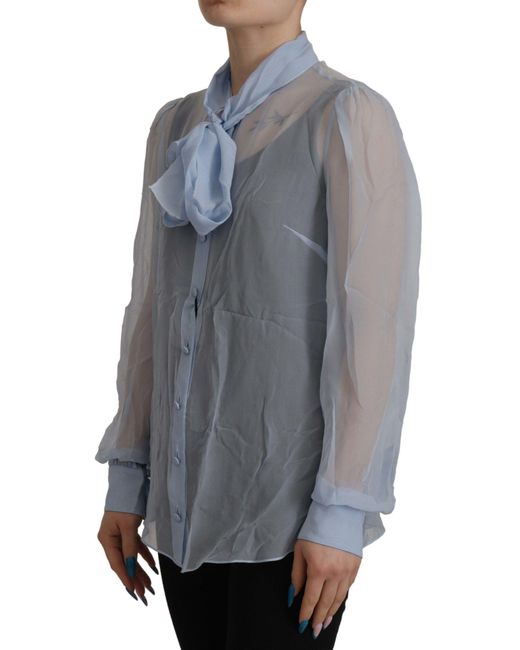 Dolce & Gabbana Gray Sheer Silk Blouse Bow Tie Neck