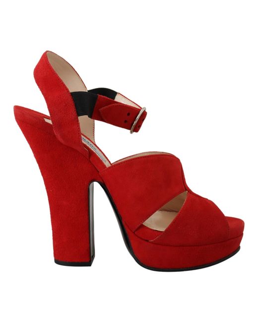 Prada Suede Leather Sandals Ankle Strap Heels Shoes in Red | Lyst
