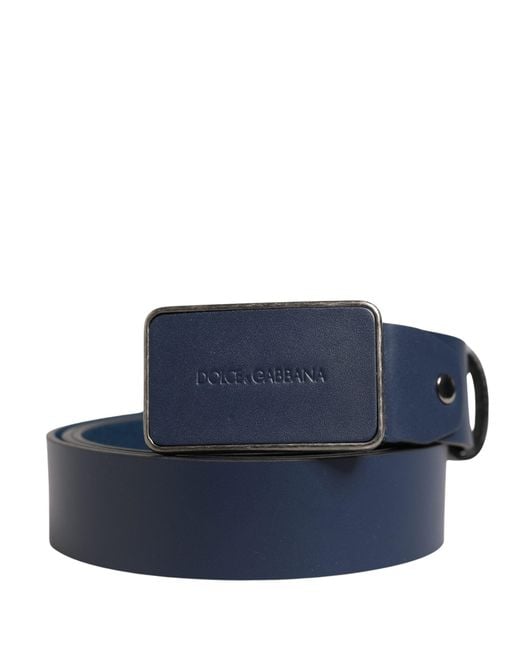 Dolce & Gabbana Blue Leather Logo Metal Buckle Belt for men