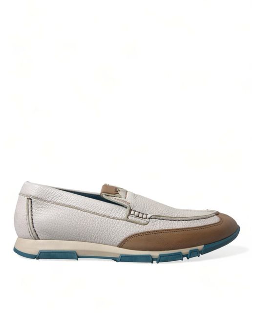 Dolce & Gabbana White Brown Leather Slip On Moccasin Shoes for men