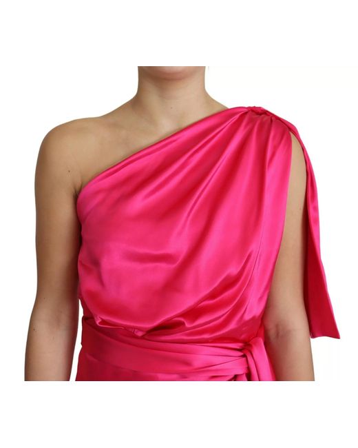 Dolce & Gabbana Red Fuchsia Fitted Cut One Shoulder Midi Dress