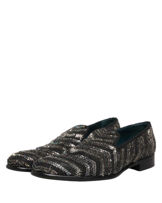 Dolce & Gabbana Black Silver Embellished Slip On Loafers Shoes for men