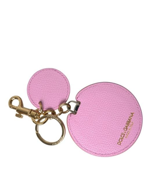 Dolce & Gabbana Pink Calf Leather Metal Logo Print Keyring Keychain