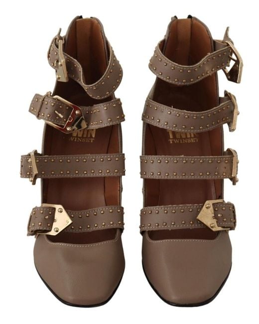 My Twin Brown Elegant Leather Multi-Buckle Heels