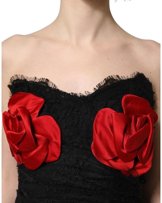 Dolce & Gabbana Black Strapless Red Rose Sequined Midi Dress