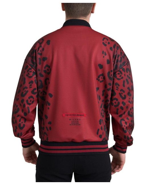 Dolce & Gabbana Red Leopard Polyester Bomber Full Zip Jacket for men