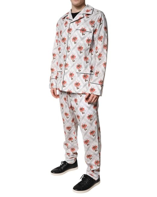 Dolce & Gabbana White Floral Print Cotton Pajama Set Sleepwear for men