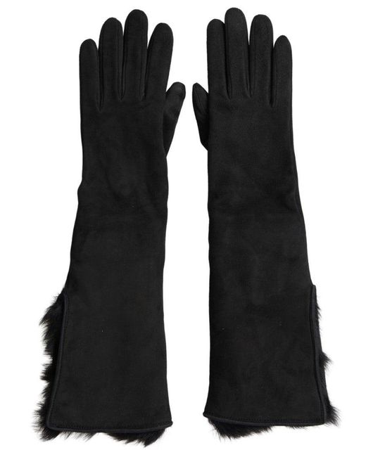 Dolce & Gabbana Black Leather Fur Elbow Length Gloves for men