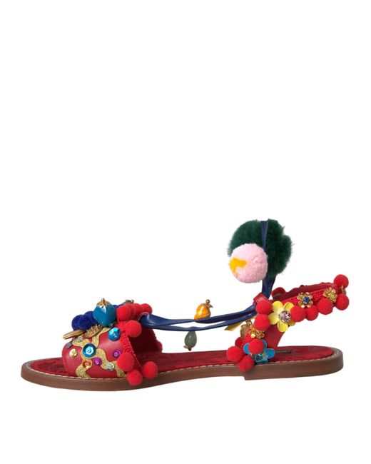 Dolce & Gabbana Red Pom Pom Fur Wrap Sandals Shoes