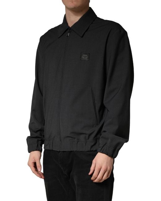 Dolce & Gabbana Black Wool Logo Full Zip Bomber Jacket Virgin Nylon Clothing for men