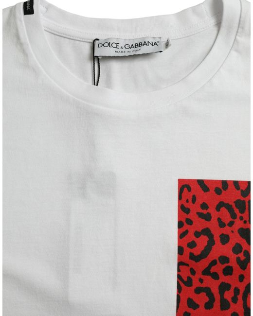 Dolce & Gabbana White Leopard Cotton Crew Neck T-Shirt for men