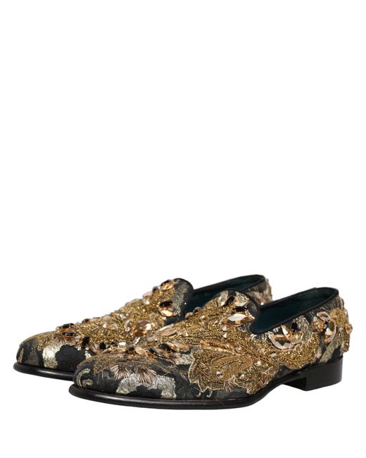 Dolce & Gabbana Gray Black Velvet Embellished Dress Loafers Shoes for men