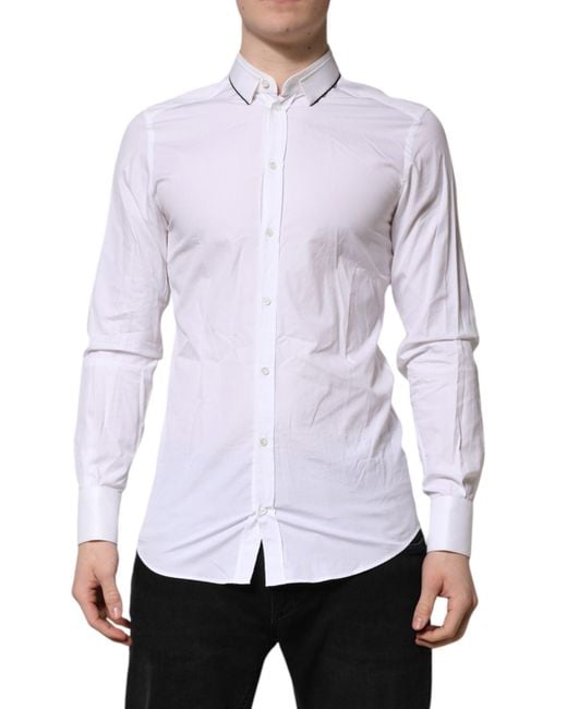 Dolce & Gabbana White Cotton Gold Long Sleeves Formal Shirt for men