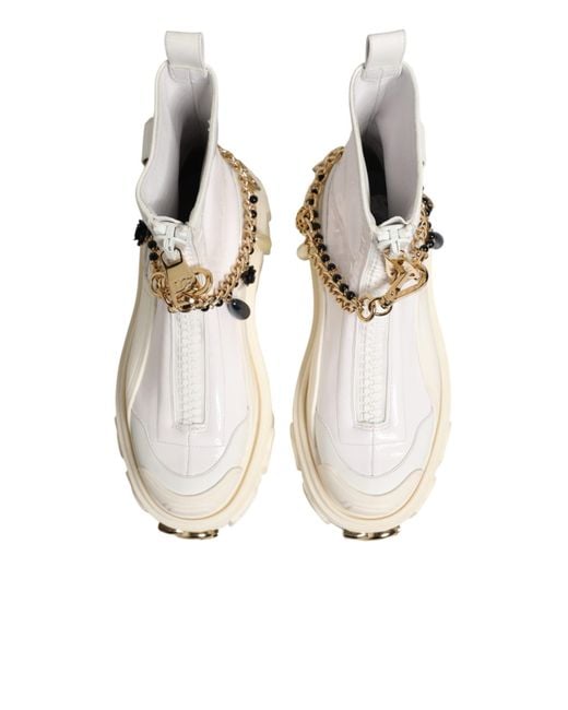 Dolce & Gabbana Natural White Leather Rubber Logo Ankle Boots Shoes