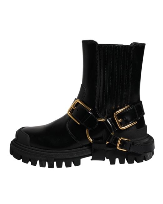 Dolce & Gabbana Black Leather Slip On Stretch Trekking Boots Shoes for men